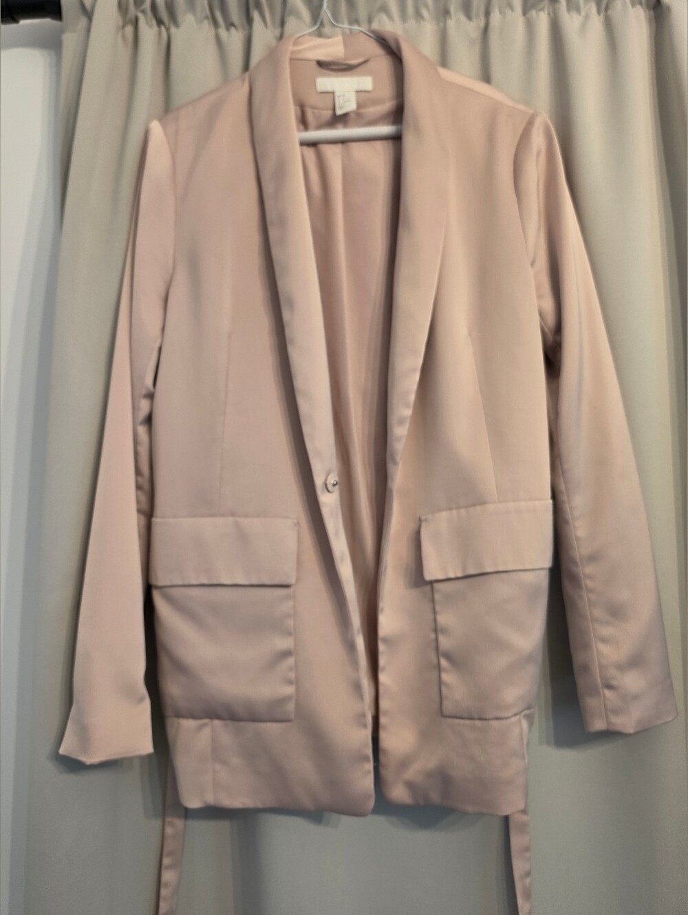 H&M Blush Pink Belted Blazer Shawl Collar Tie Waist Jacket Women's Size 8 Satin